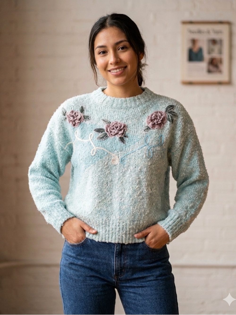 Vintage 80’s Needles & Yarn Chunky Knit Floral Sweater Light teal M size